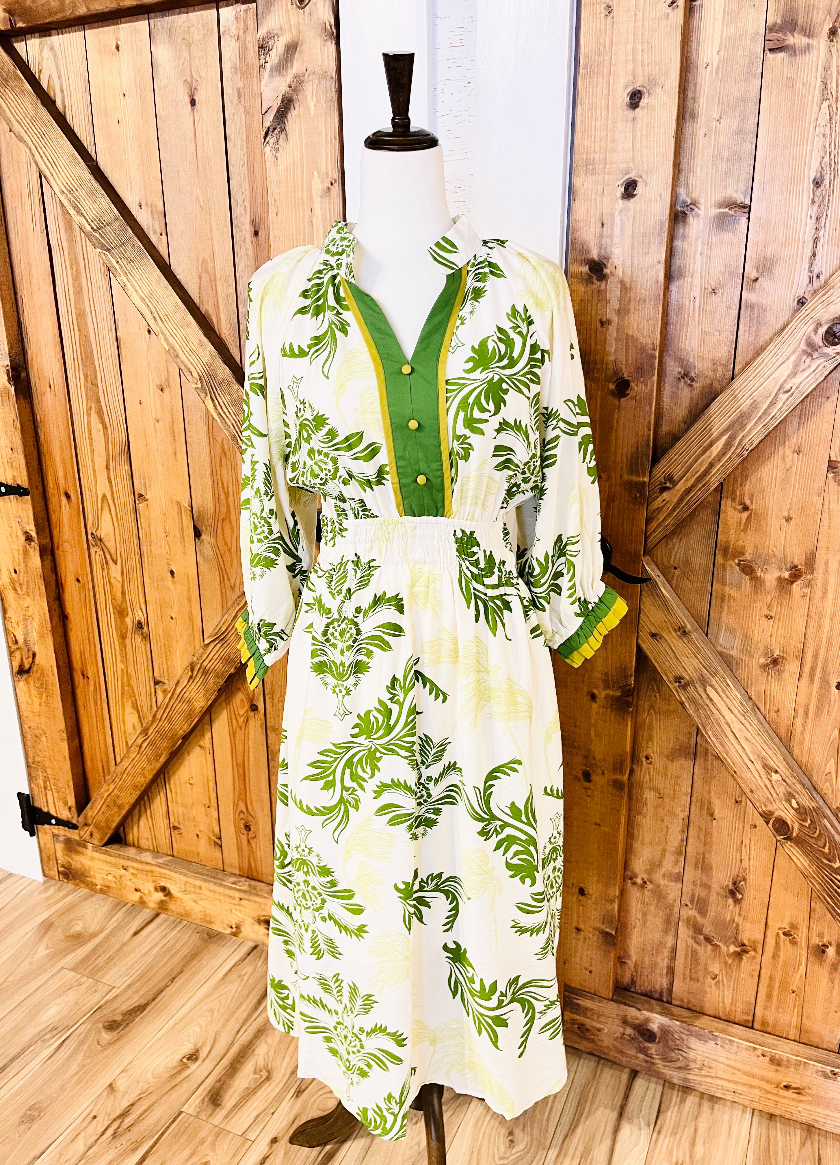 Women’s Umgee Green Floral Dress with Stretchy Waistband- Loose Fit
