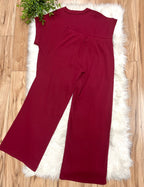 Women’s Zenana Burgundy Ribbed Cuff Sleeve Pant Set Loose Fit