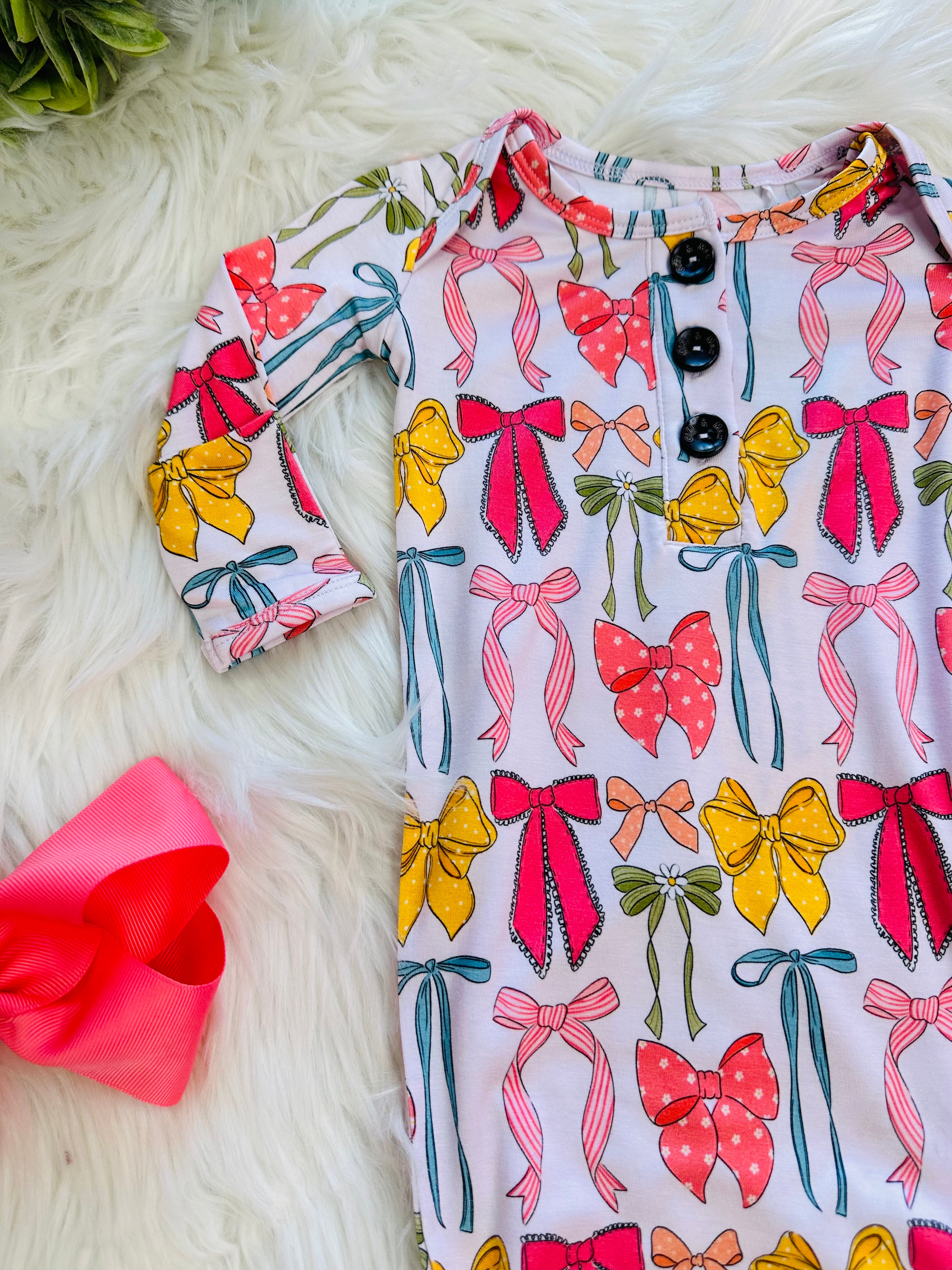 Girl’s Bow Printed Knotted Gown with Matching Headband