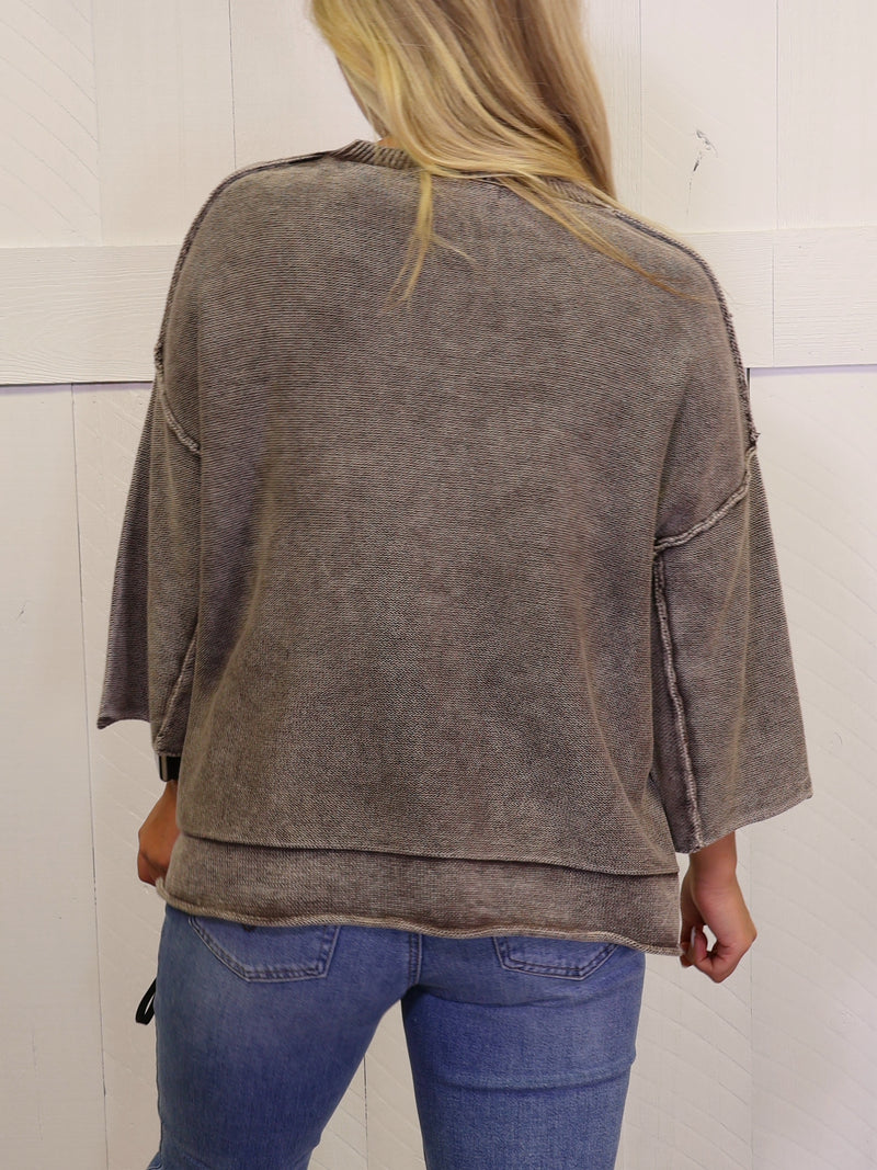 Brown Washed 3/4 Sleeve Boxy Sweater Pullover Top