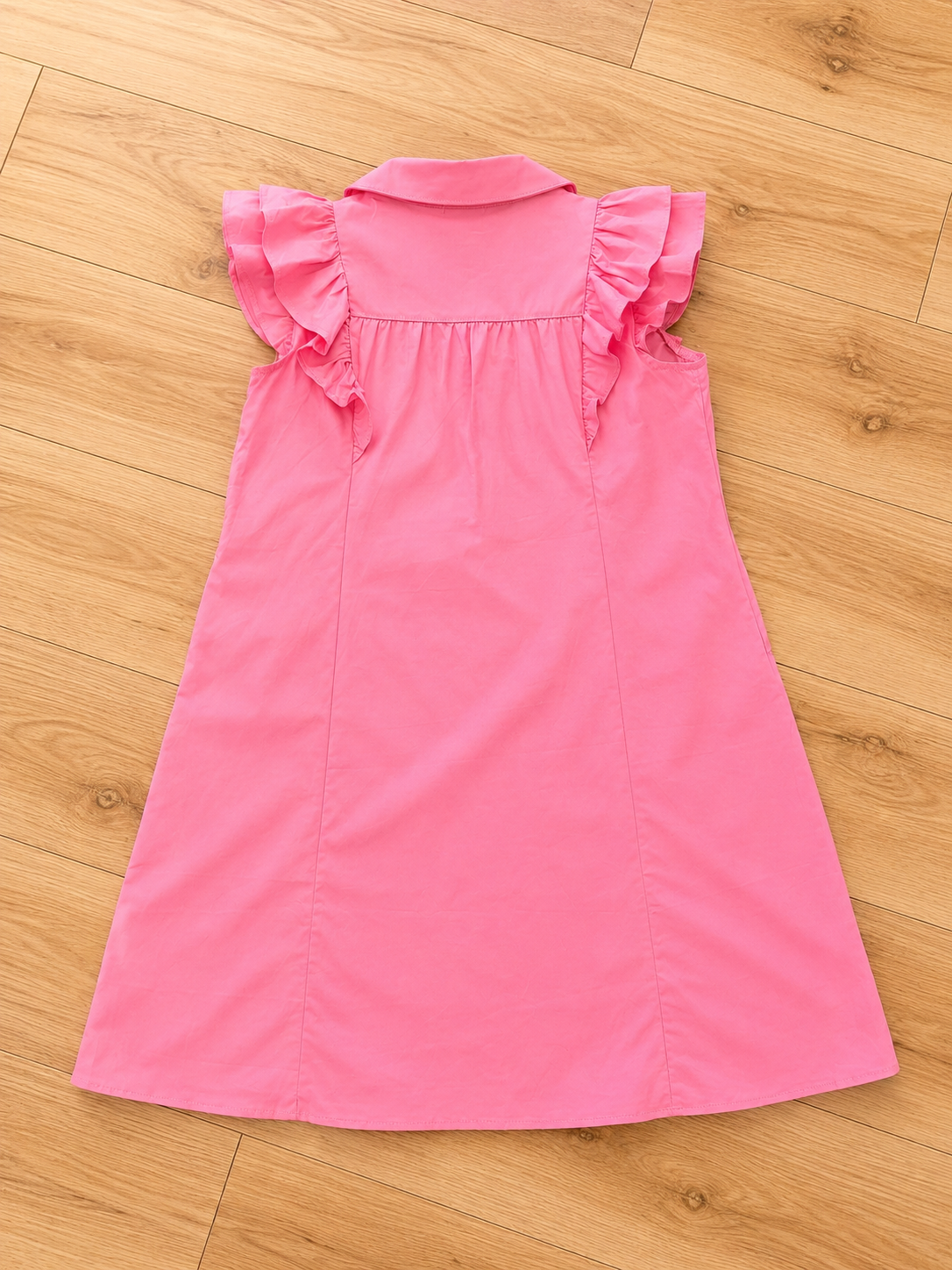 Girls Pink Ruffle Sleeve Collared Linen Dress