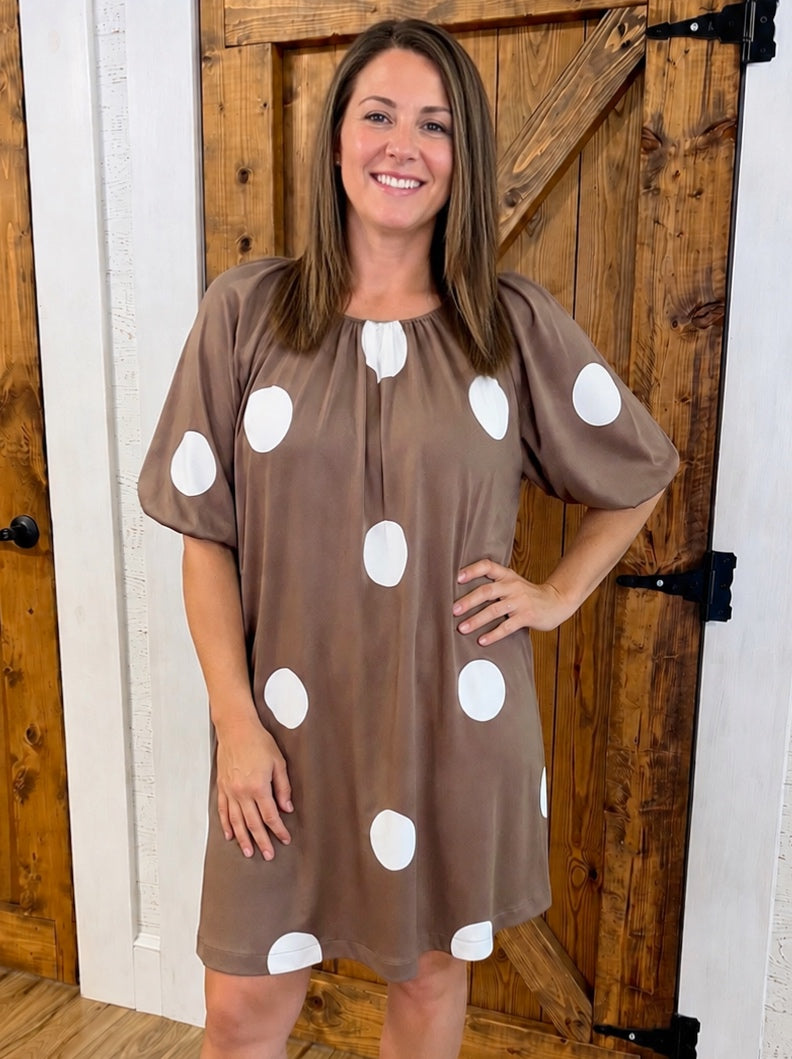 Women’s Evermmee Brown Dress with Polka Dots and Puff Sleeves