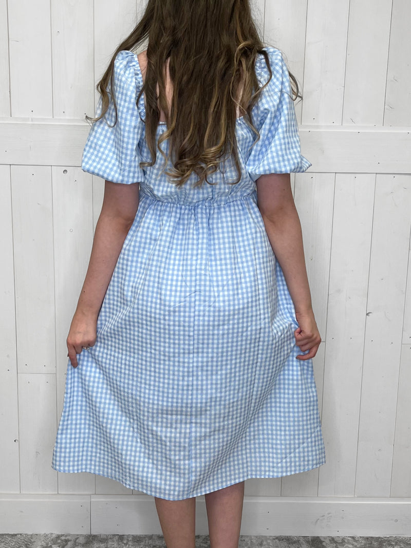 Women’s Light Blue Midi Gingham Dress - Mini Mee Boutique