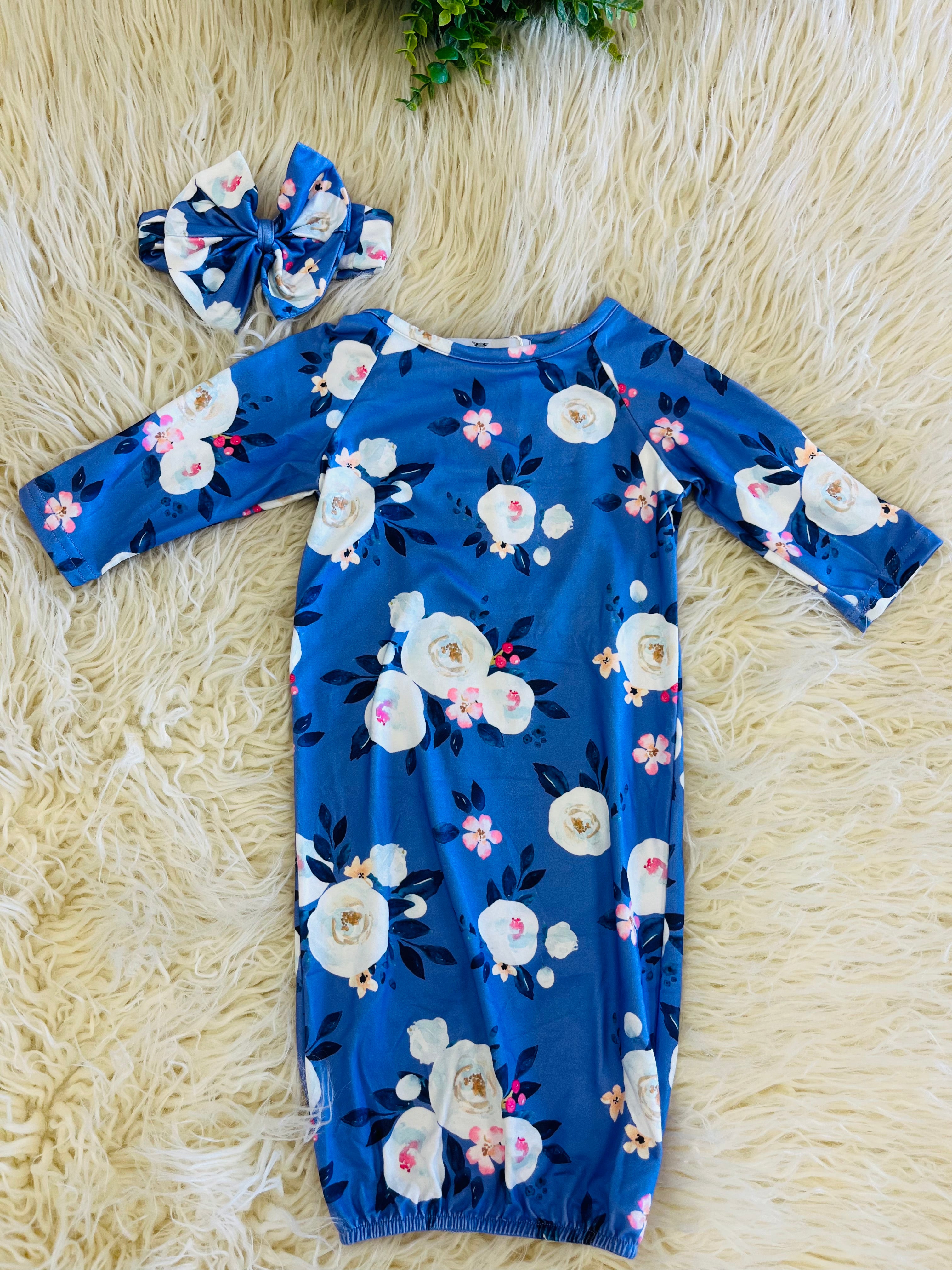 Girls Purple Floral Baby Gown with Matching Headband