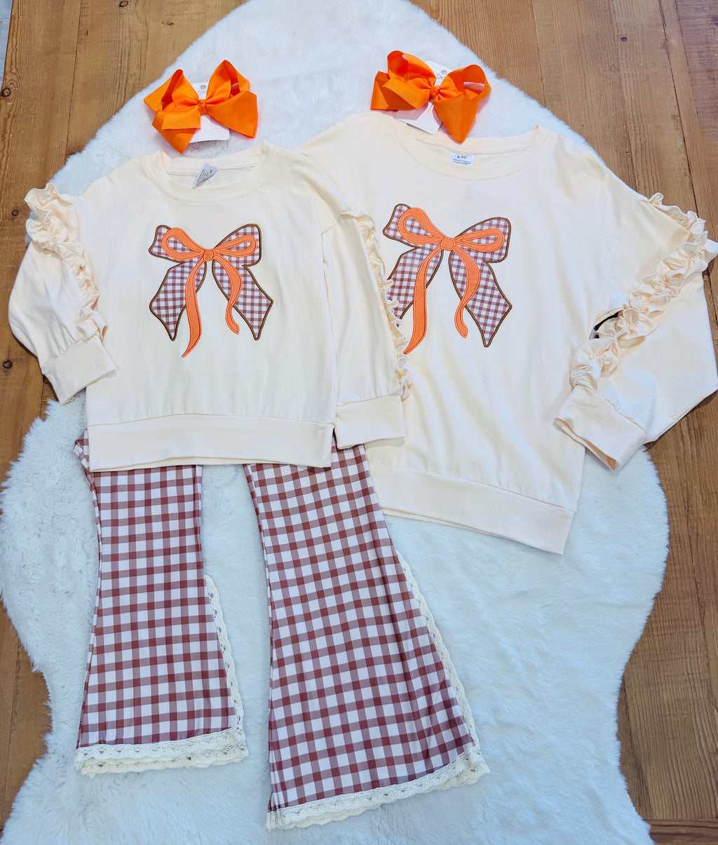 Girls Plaid Fall Bow Flare Pants Outfit
