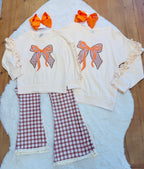 Girls Plaid Fall Bow Flare Pants Outfit
