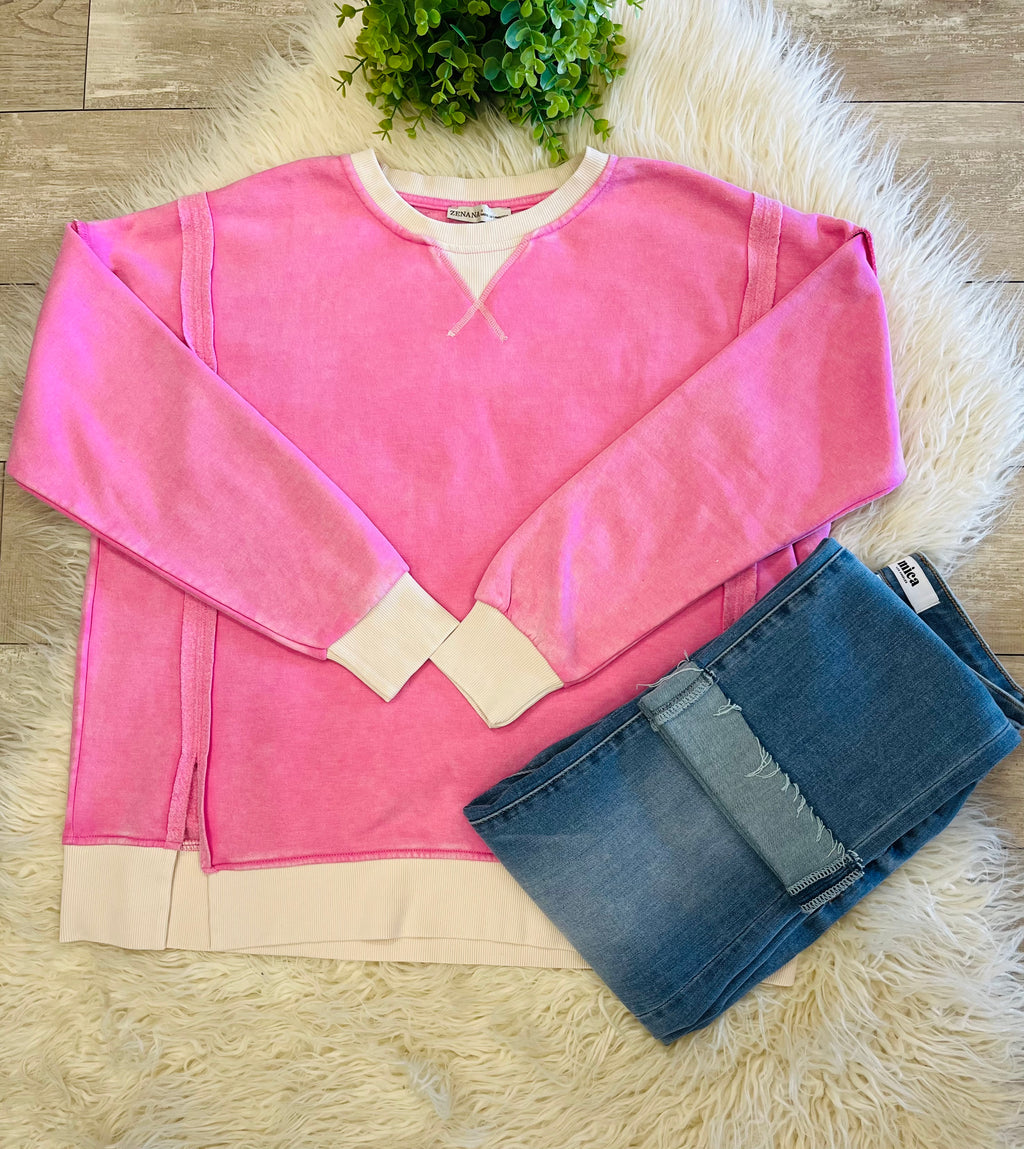 Women’s Zenana Washed Exposed Seam Sweatshirt In Candy Pink