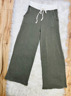 Women’s Zenana Olive Green White Detail Ribbed Set
