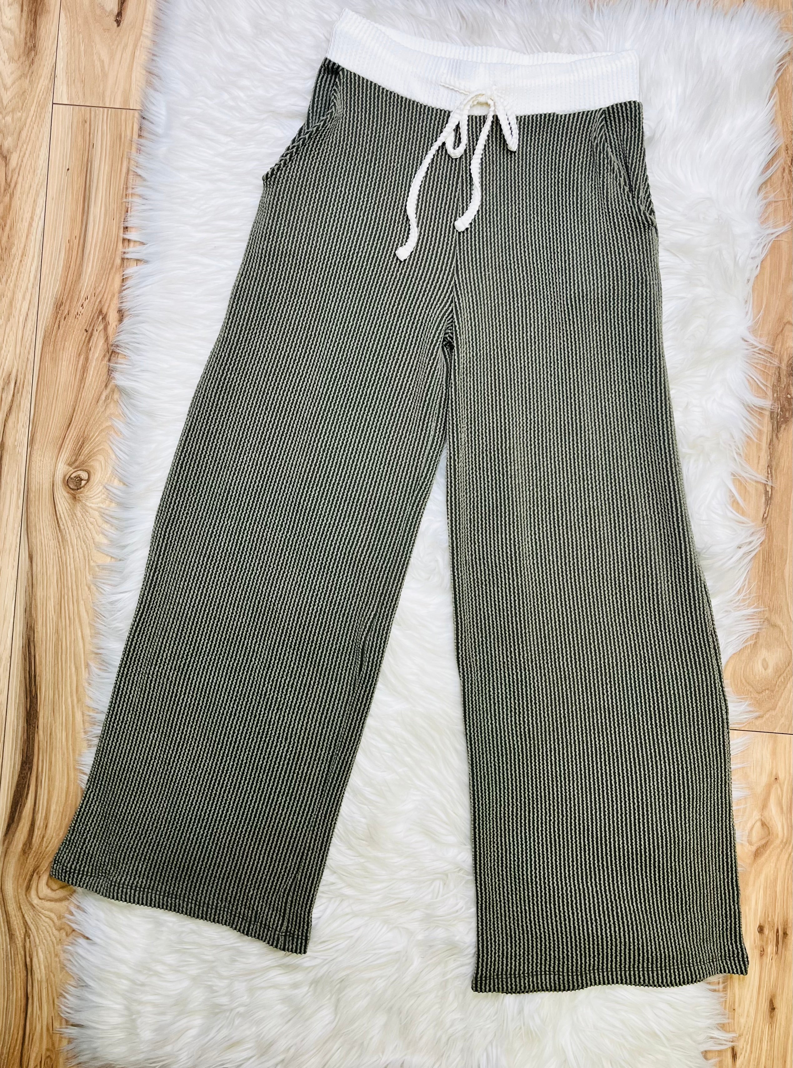 Women’s Zenana Olive Green White Detail Ribbed Set