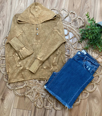 Acid Wash Button Up Pullover - Tan - Mini Mee Boutique