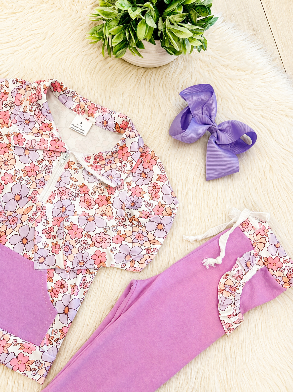 Girl’s Pink and Purple Floral Half Zip Pant Outfit Set