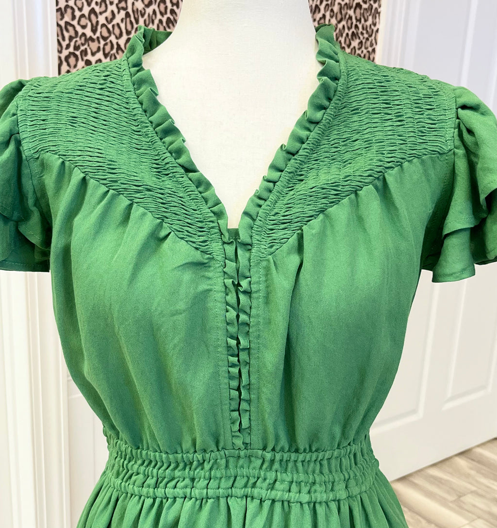 Women’s Umgee Olive Green Smocked Bodice And Layered Ruffle Sleeve Dress