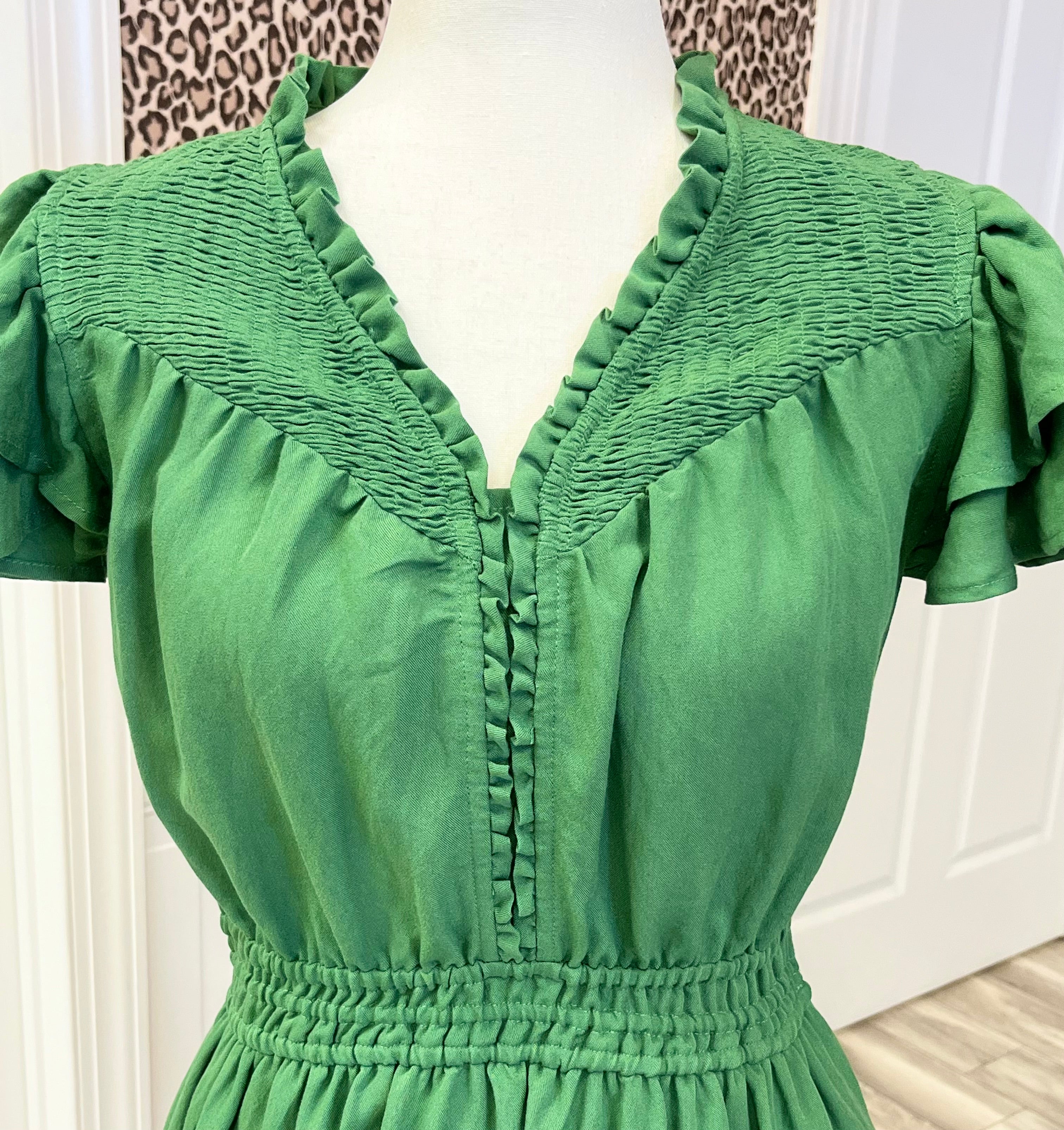 Women’s Umgee Olive Green Smocked Bodice And Layered Ruffle Sleeve Dress