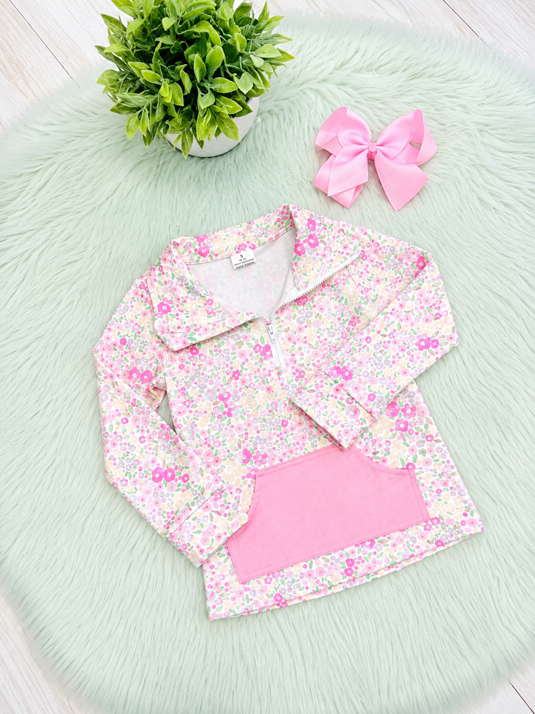 Girl’s Light Pink and Cream Half Zip Floral Pant Outfit Set