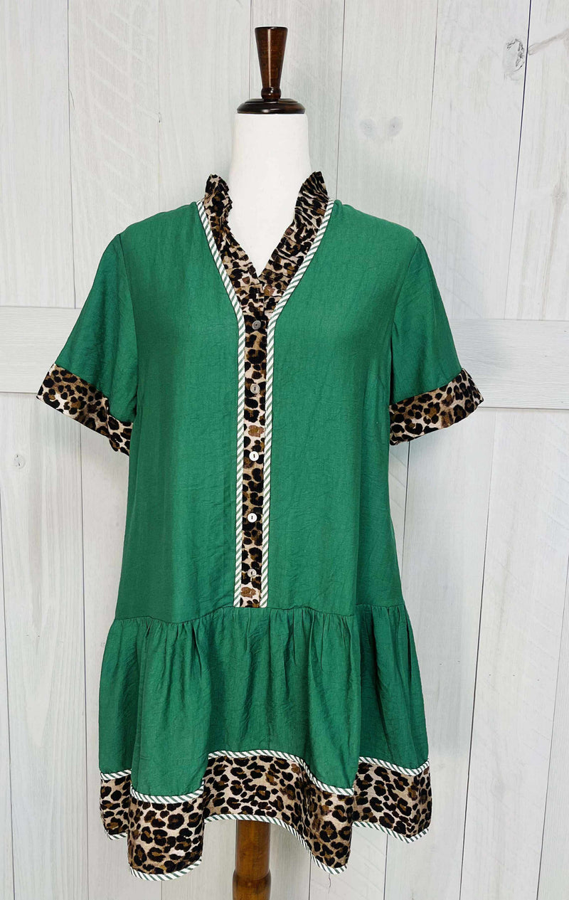 Entro Green Cheetah Split Neck Dress