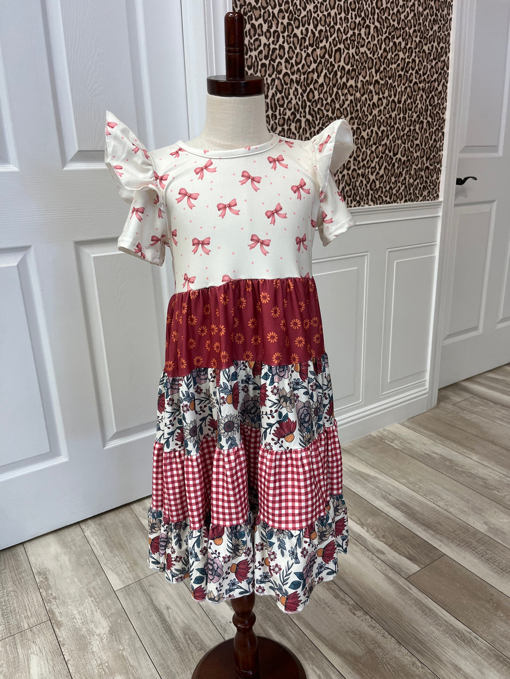 Girl’s Mixed Pattern Floral Gingham Bow Tiered Twirl Dress