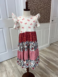 Girl’s Mixed Pattern Floral Gingham Bow Tiered Twirl Dress