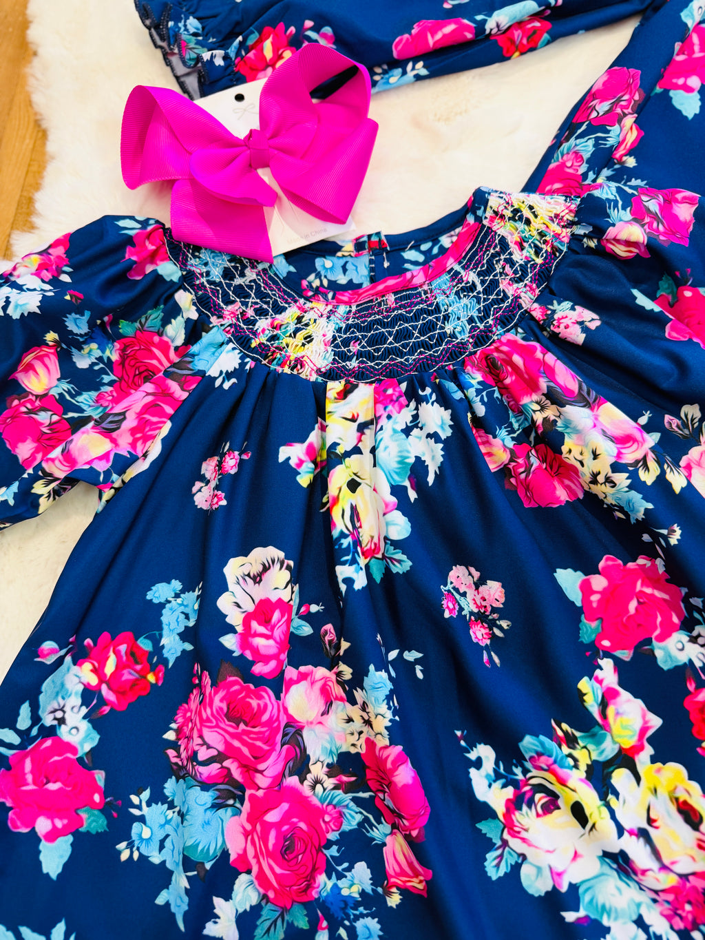 Girls Navy Floral Smocked Dress