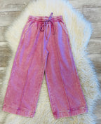 Women’s Zenana Cropped Wide Leg Comfy Light Rose Acid Wash Pants - True to Size
