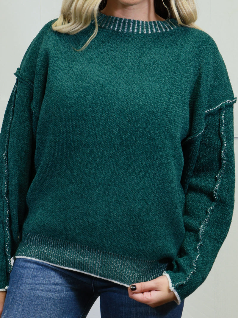 Women’s Basic Zenana Exposed Seam Round Neck Sweater Hunter Green Pullover