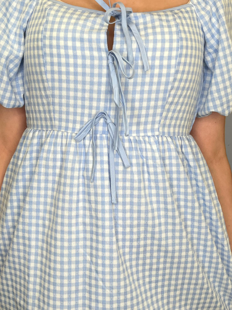 Women’s Light Blue Midi Gingham Dress - Mini Mee Boutique