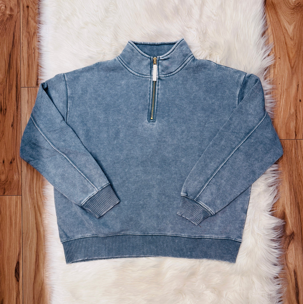 Women’s Zenana Blue/Gray Acid Wash Quarter Zip Pullover True to Size