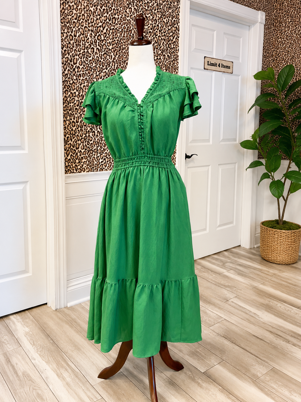 Women’s Umgee Olive Green Smocked Bodice And Layered Ruffle Sleeve Dress