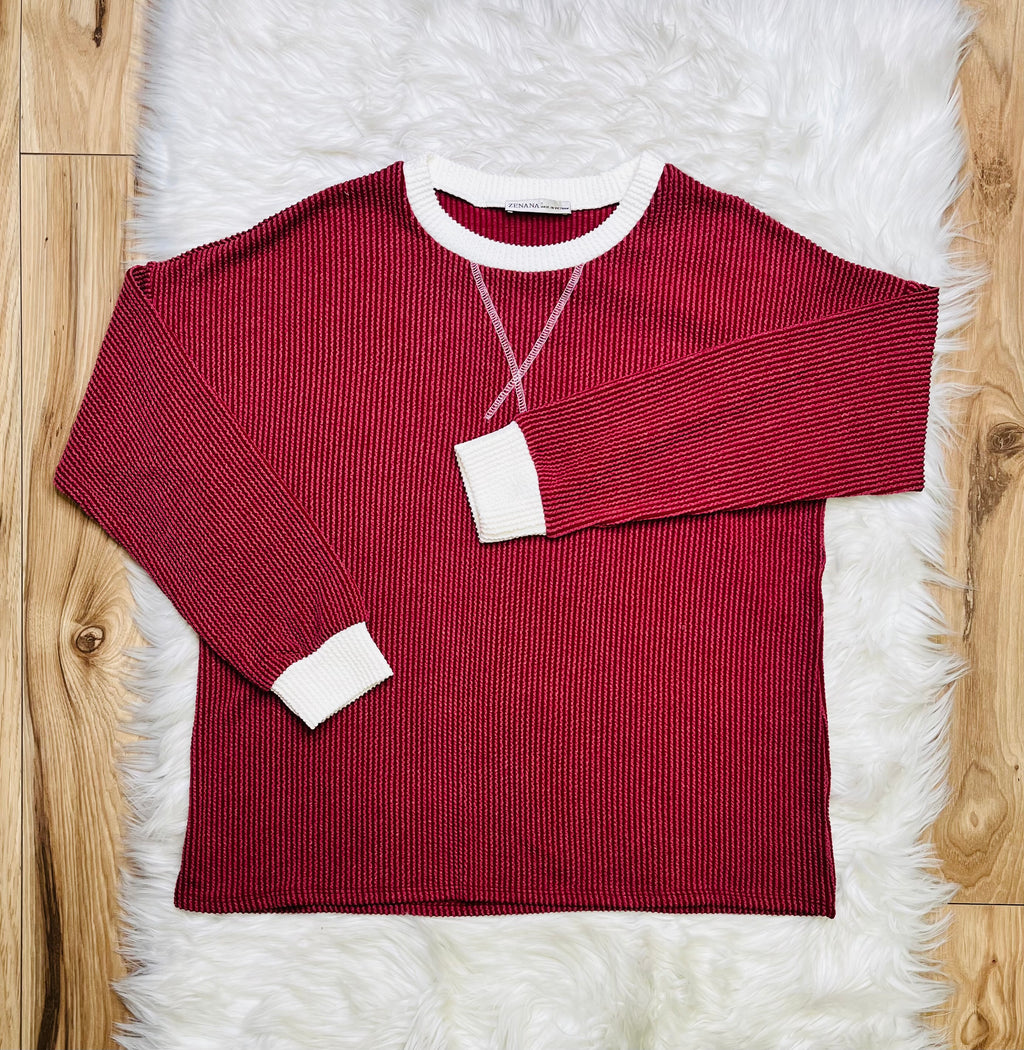 Women’s Zenana Burgundy White Detail Ribbed Set