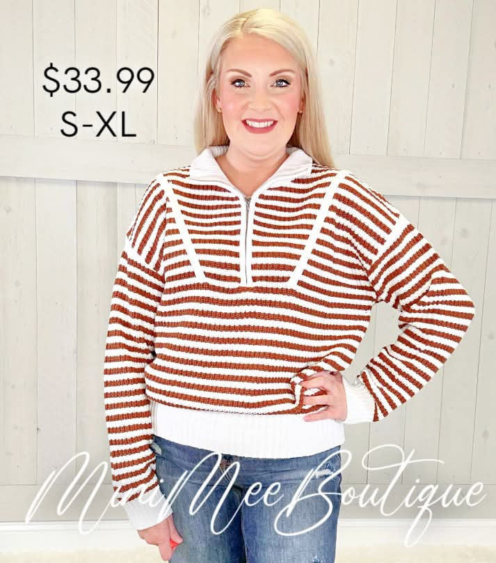 Women’s Brown and White Half Zip Sweater