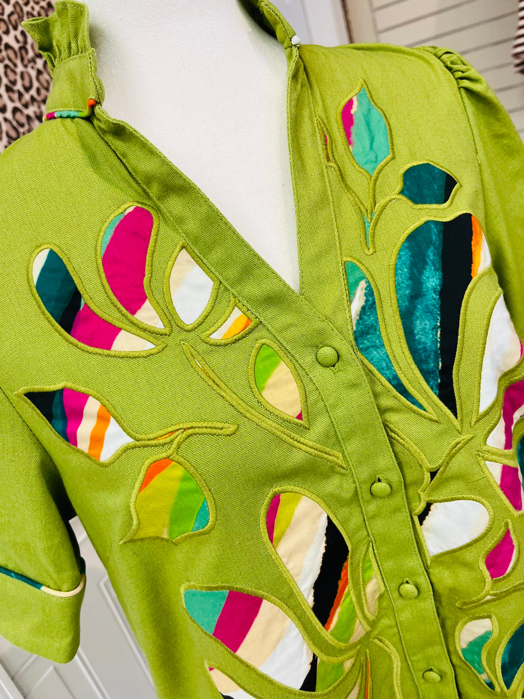 Women’s Linen V-Neck Mini Dress With Printed Embroidered Appliqué Design Details