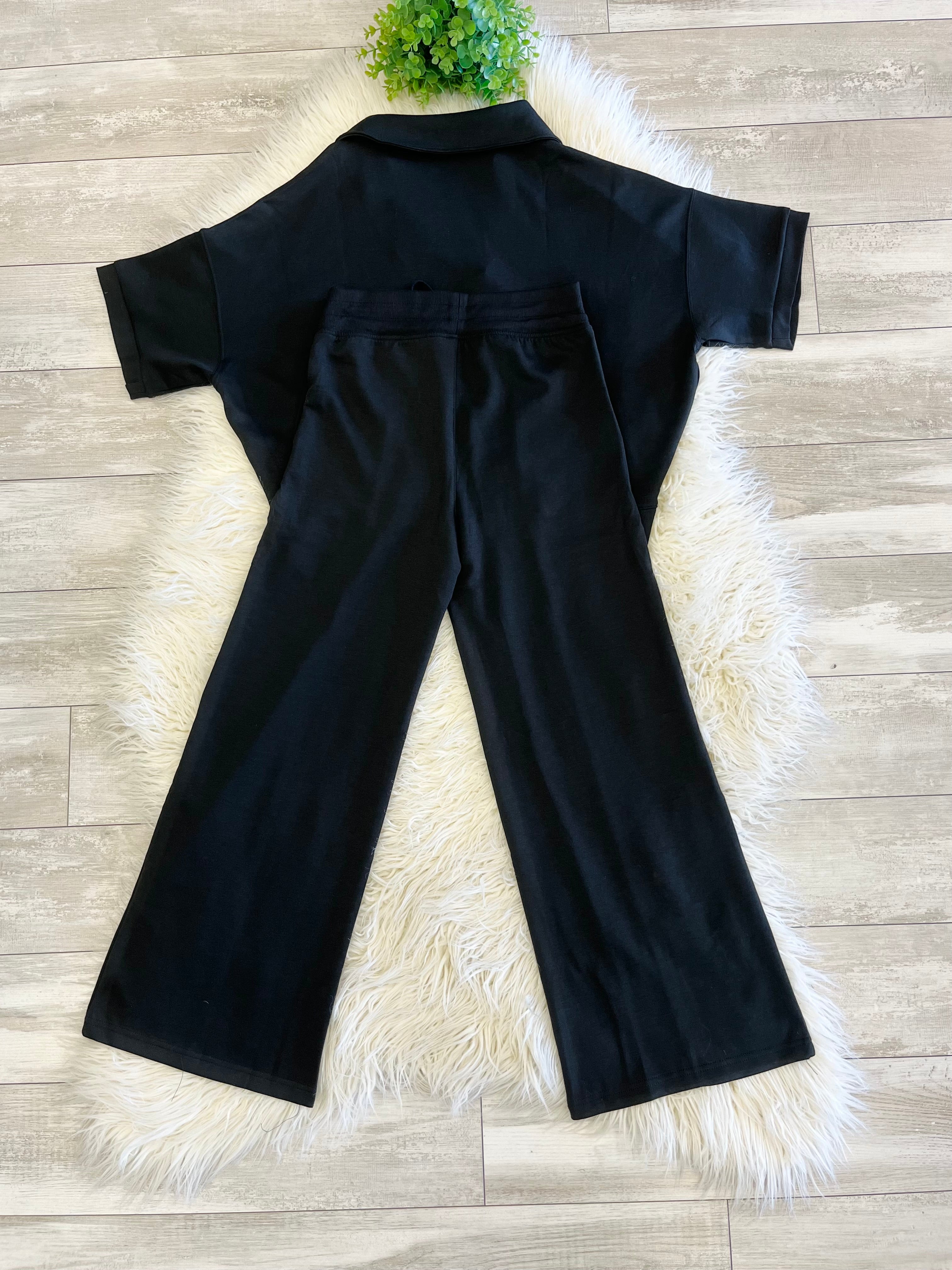 Women’s Zenana Short Sleeve Collared Scuba Set in Jet Black