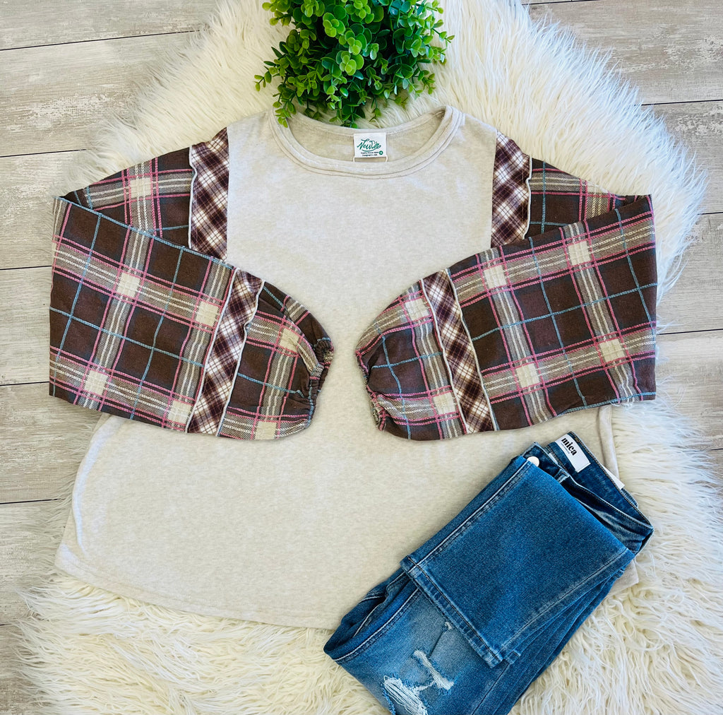 Women’s Contrasting Brown and Pink Plaid Flannel Long Sleeve