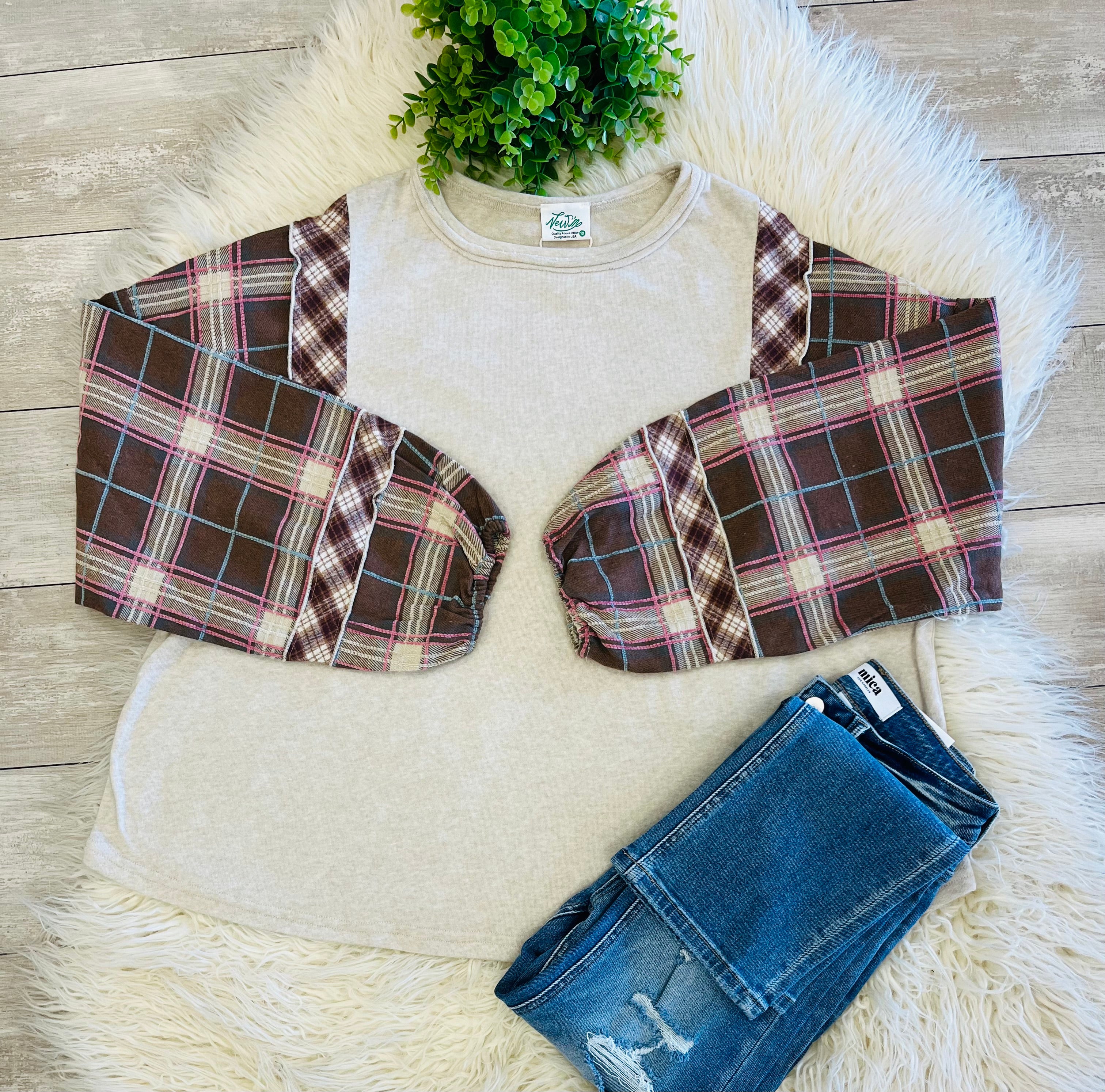 Women’s Contrasting Brown and Pink Plaid Flannel Long Sleeve