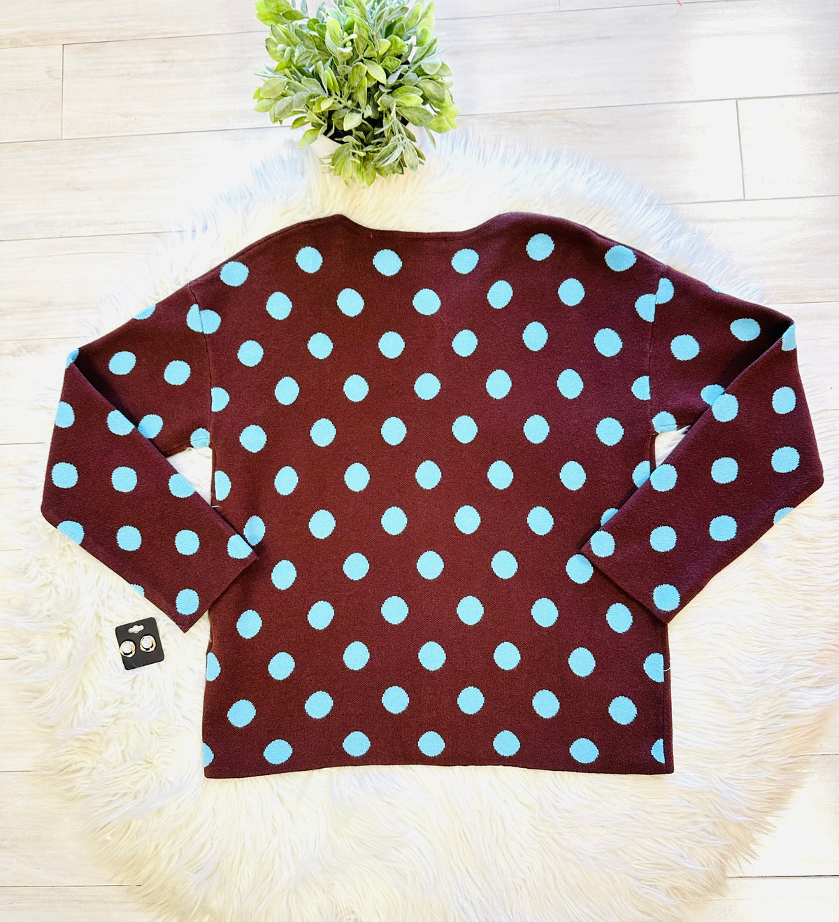Women’s Evermmee Brown and Blue Polka Dot Button Sweater Top - True to Size