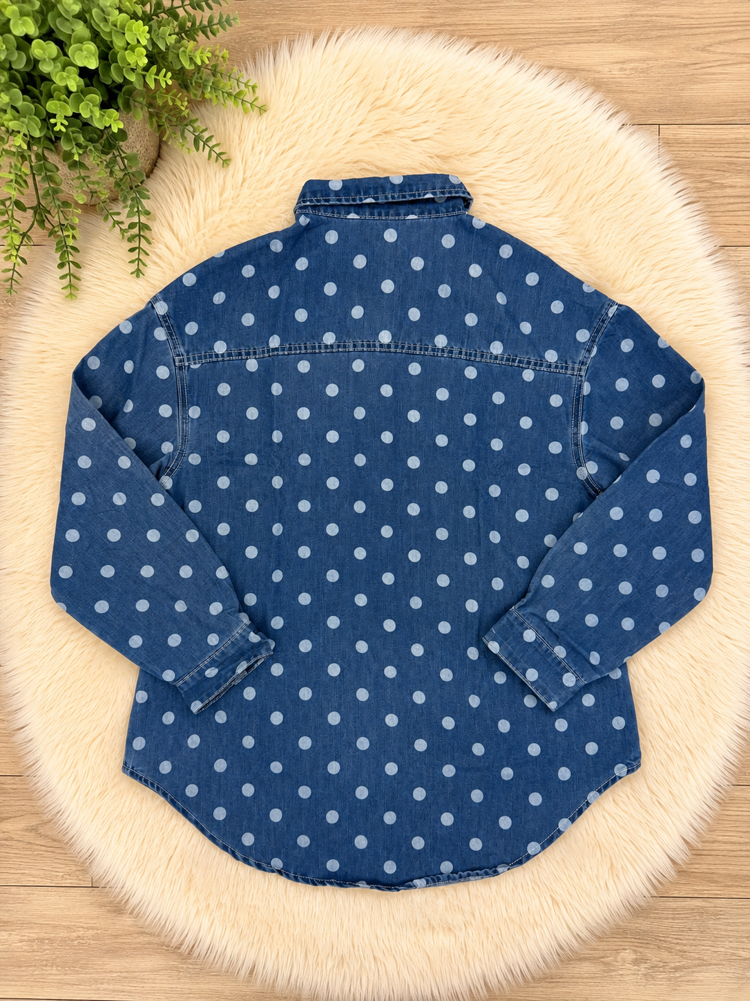 Polka Dot Denim Button Up Top by Evermmee Womens