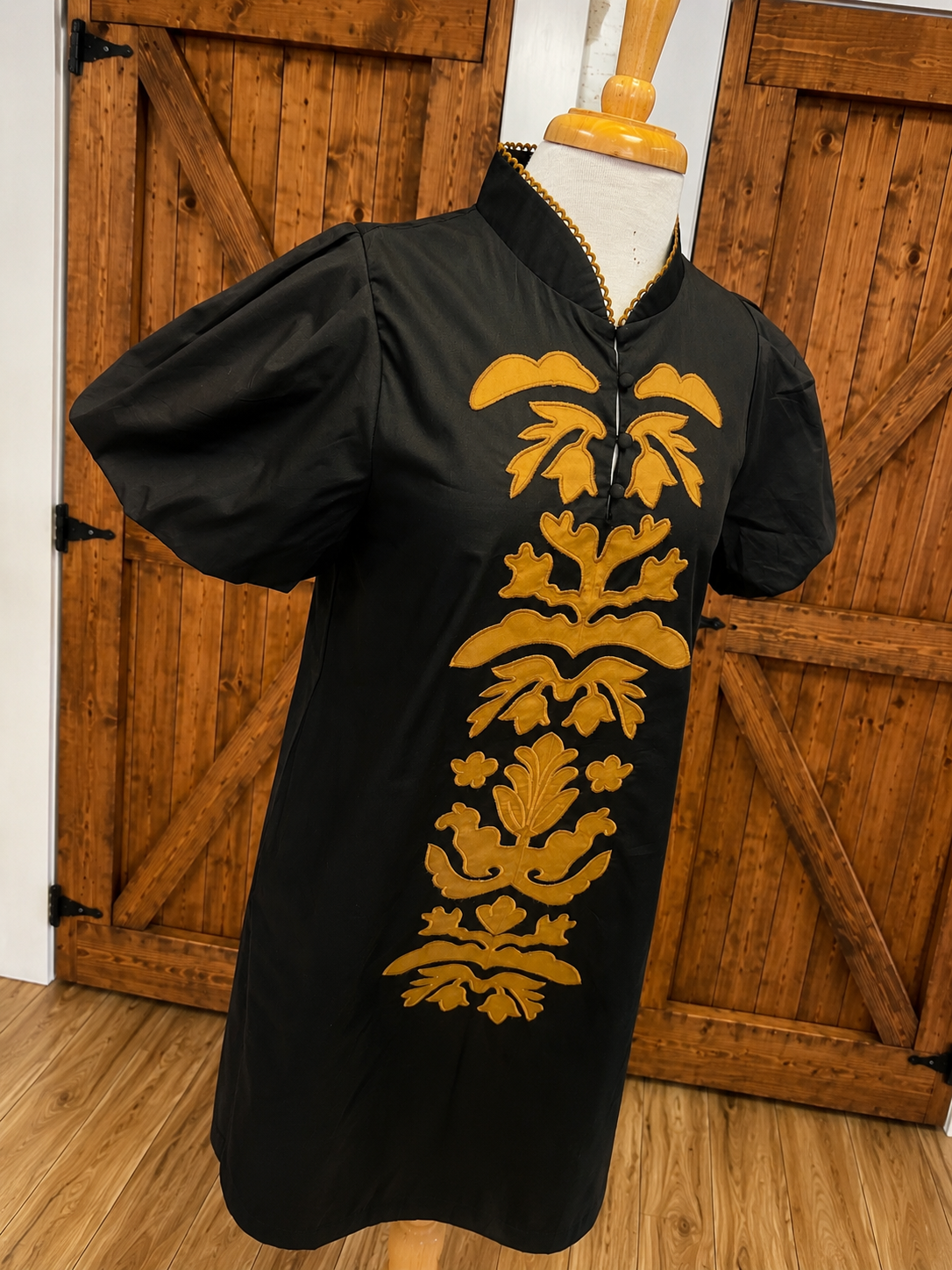 Women's Jodifl Black and Brown Embroidered Dress with Puff Sleeves – Mini Mee