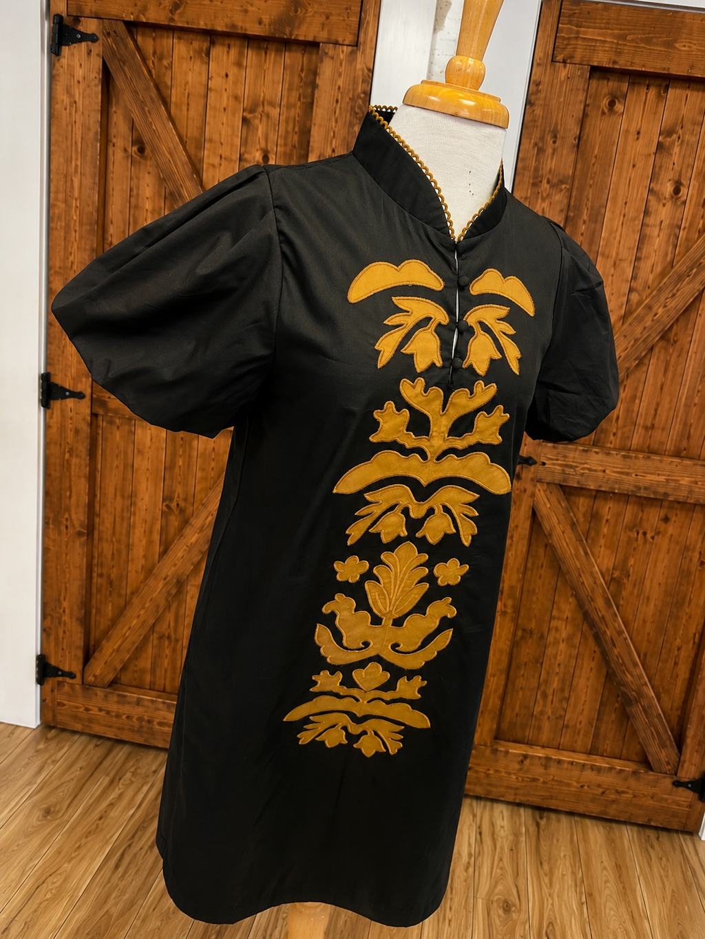 Women’s Jodifl Black and Brown Embroidered Dress with Puff Sleeves