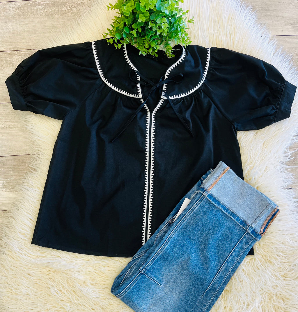 Womens Tie Neck Short Sleeve Top With Embroidered Triangle Details