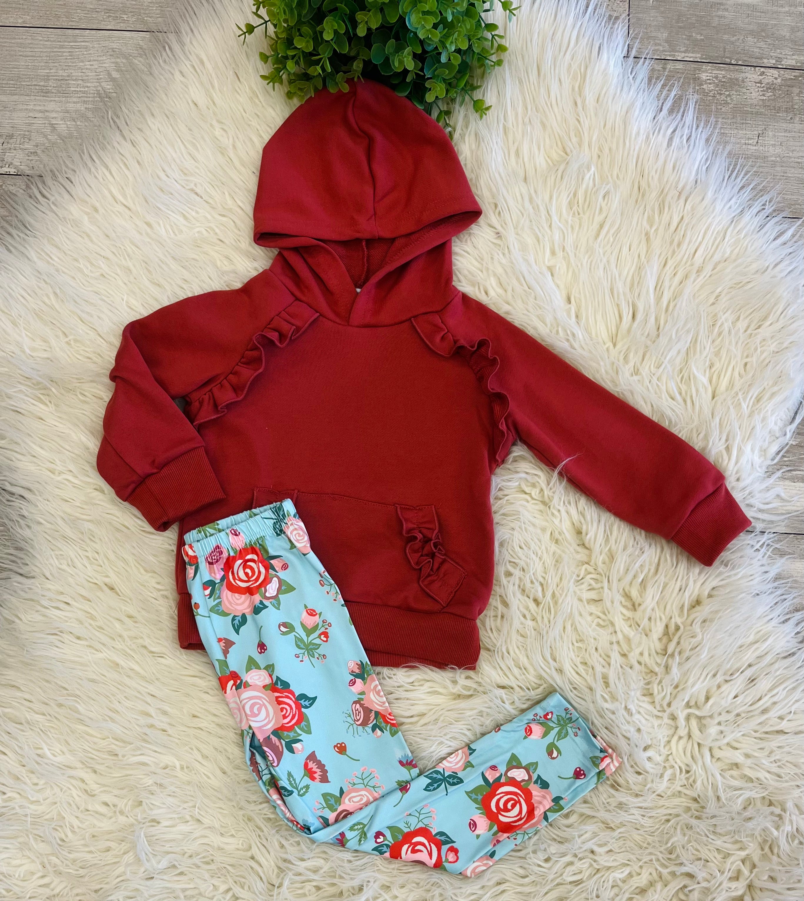 Girl’s Rust Colored Ruffle Trim Floral Pants Outfit