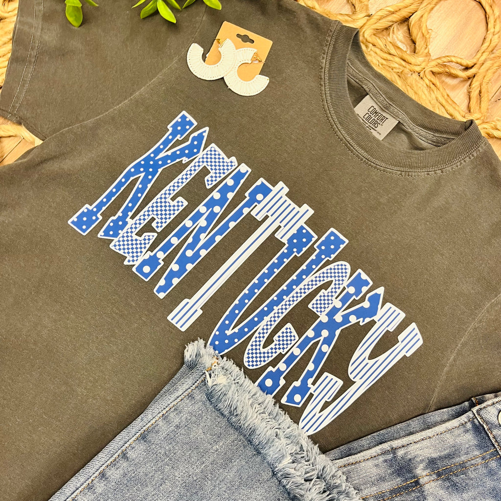 Women’s Charcoal Gray Kentucky Blue Polka Dot and White Stripe Tee