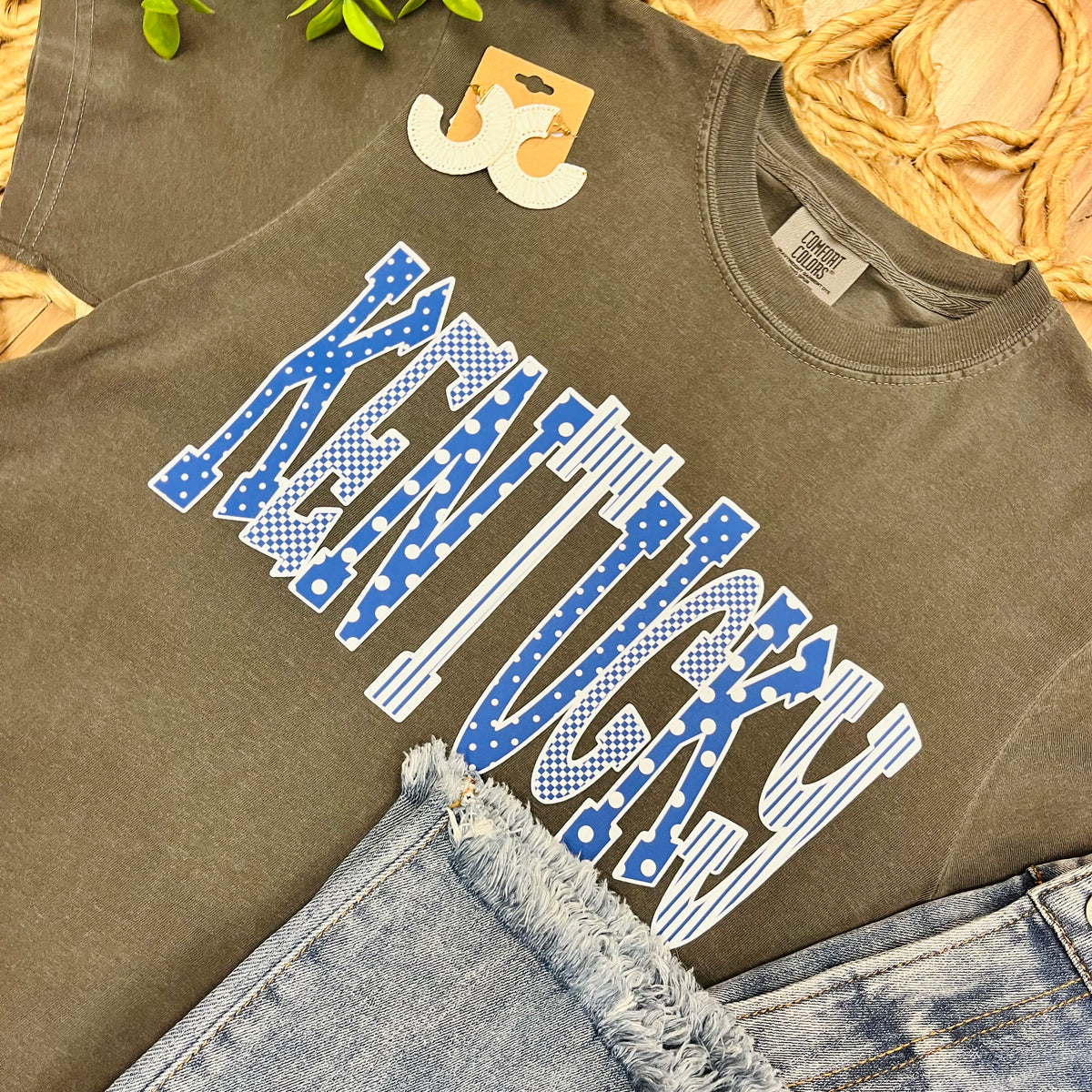 Women’s Charcoal Gray Kentucky Blue Polka Dot and White Stripe Tee
