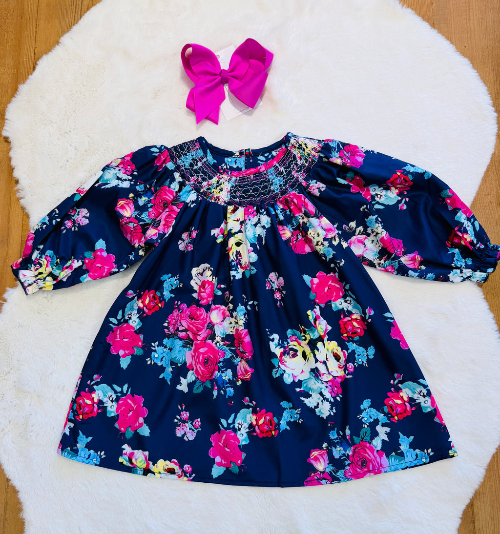 Girls Navy Floral Smocked Dress