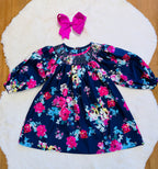 Girls Navy Floral Smocked Dress