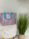 Women’s Green & Pink Large Stripe Vinyl Tote Bag