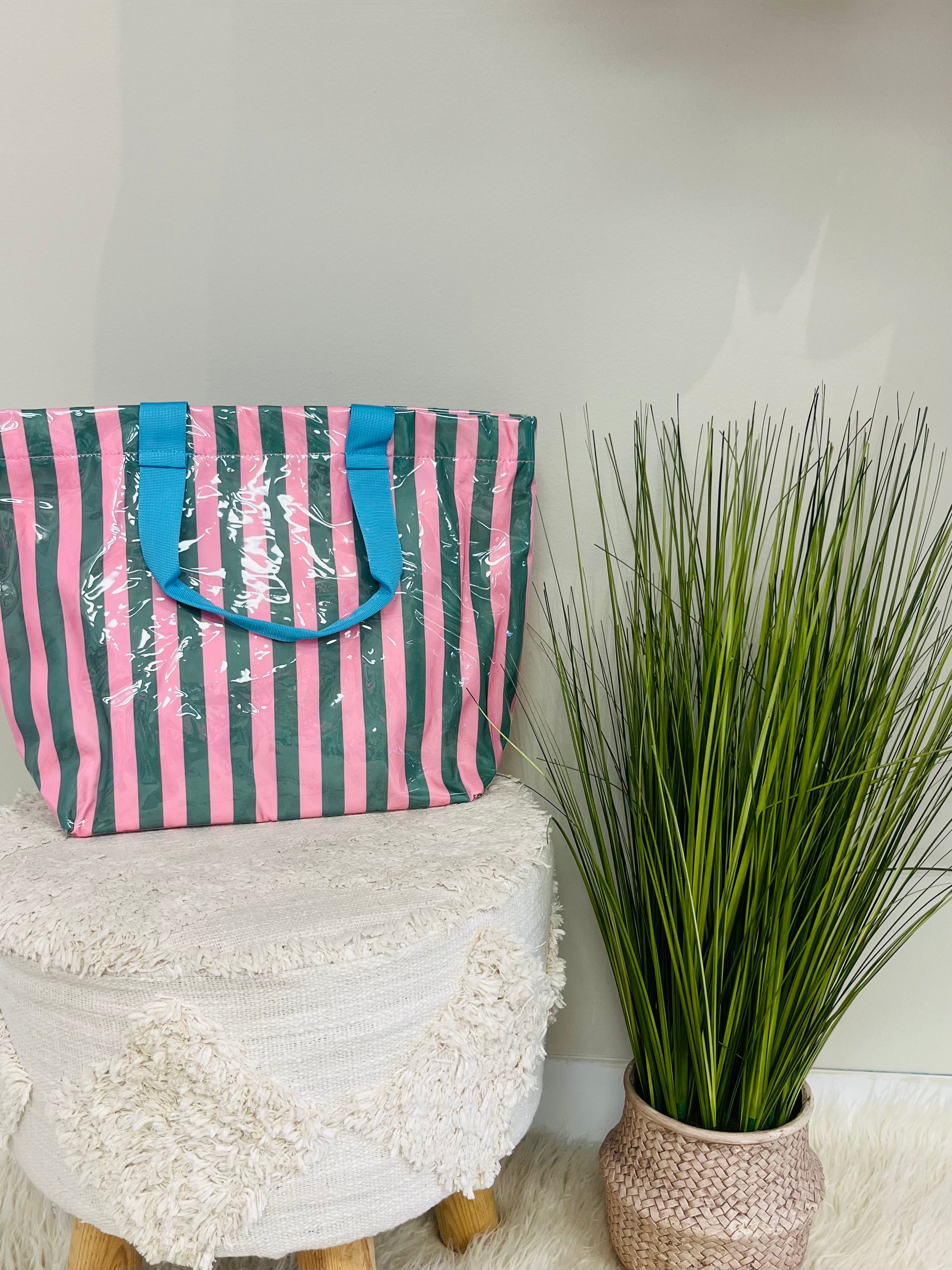 Women’s Green & Pink Large Stripe Vinyl Tote Bag