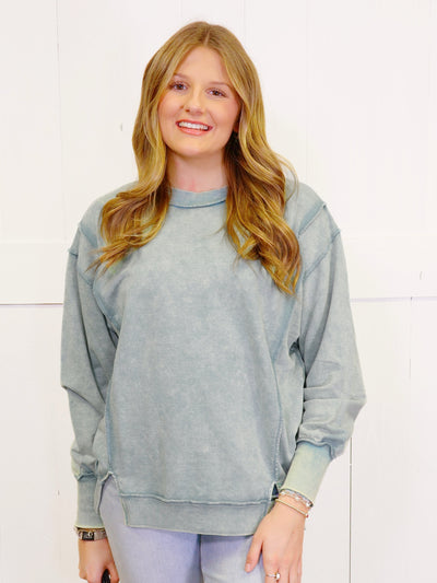Blue Gray Acid Wash Exposed Seam Sweater Pullover Top