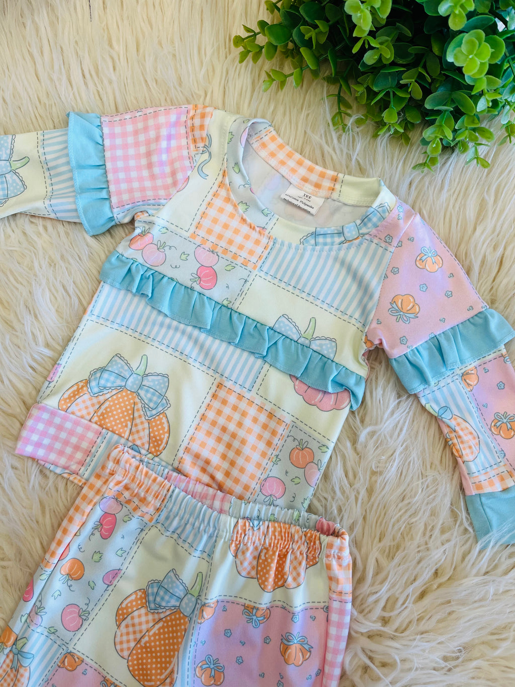 Girl’s Pastel Pumpkin Patchwork Ruffle Two-Piece Outfit