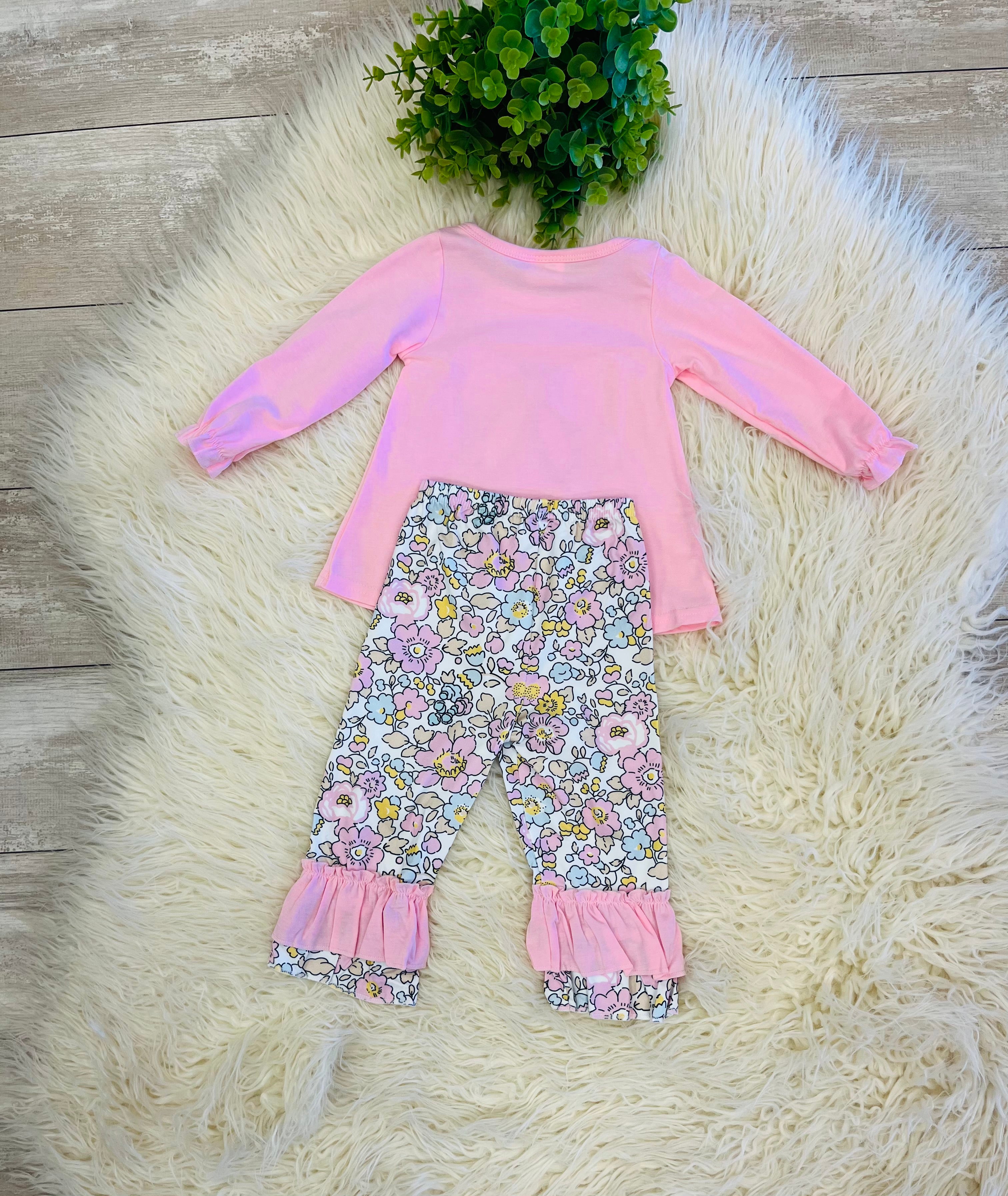 Girls Pink Bow Floral Ruffle Pant Outfit