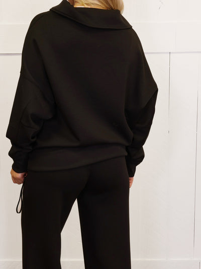 Zenana Scuba Collared  Pullover Pant Set Black
