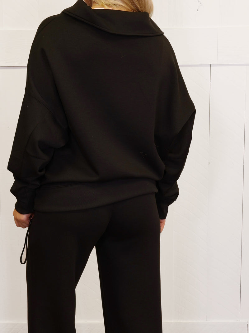 Zenana Scuba Collared  Pullover Pant Set Black